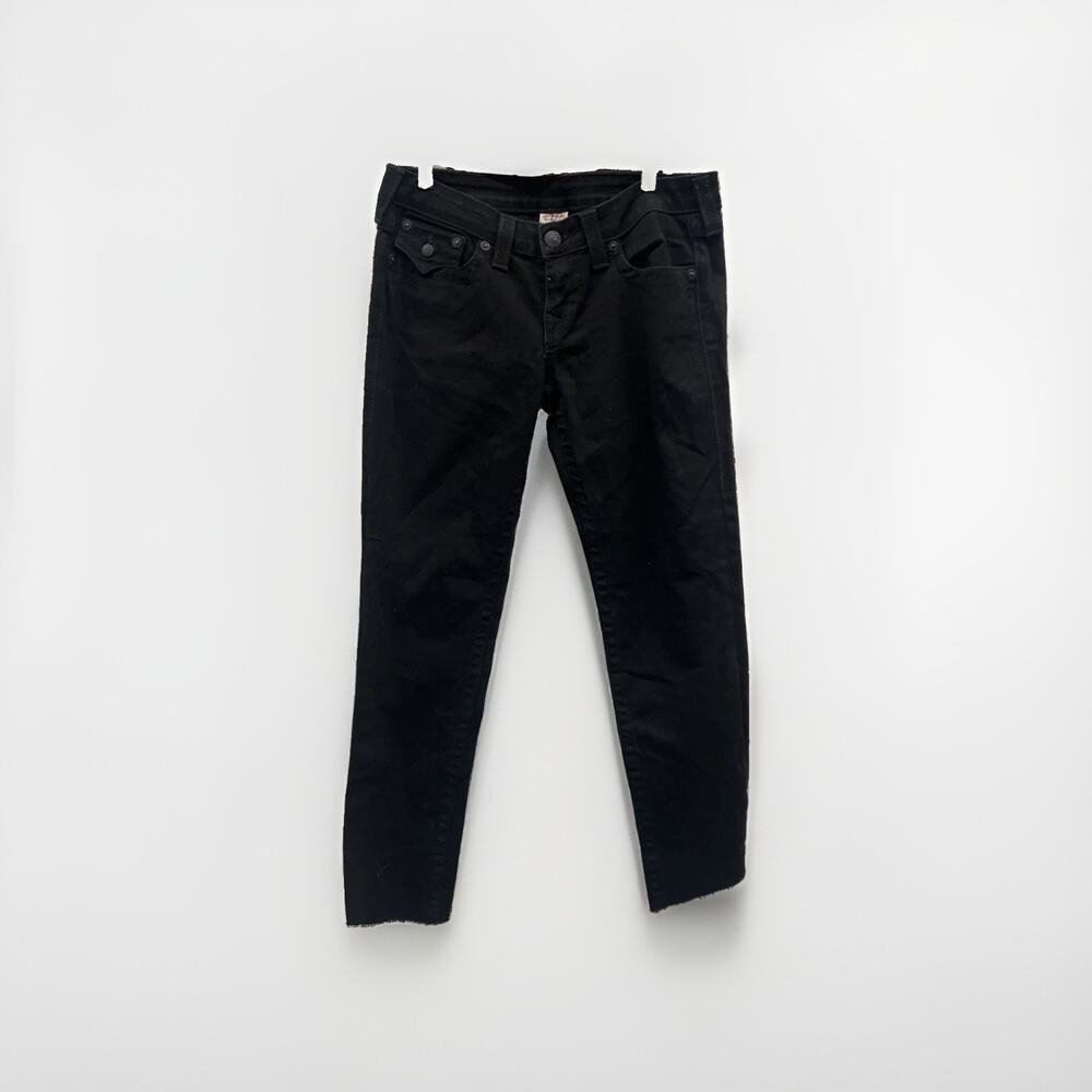 True Religion Jeans Women Size 29 Long Black Skinny Leg Pocket Ankle Cut Off Hem